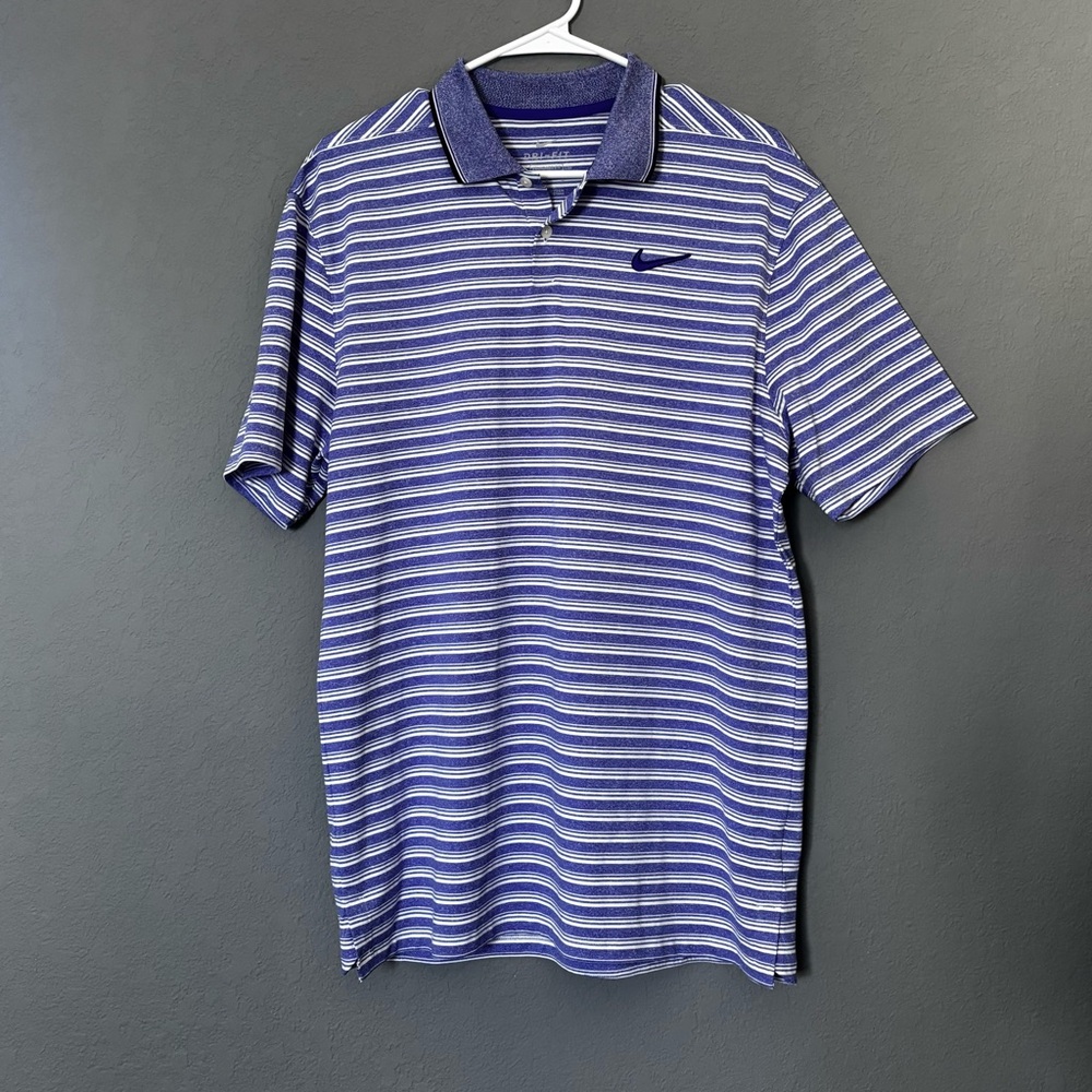 Nike Men's Blue and White Striped Polo Shirt